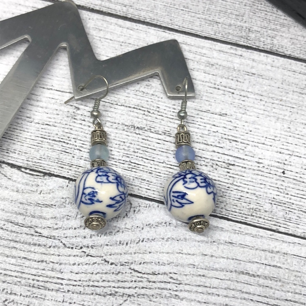 Vintage ceramic china beads long dangle earrings